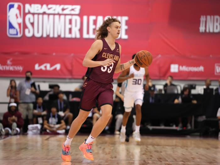 Jul 13, 2022; Las Vegas, NV, USA; Cleveland Cavaliers forward Luke Travers (33) dribbles against the Charlotte Hornets during an NBA Summer League game at Cox Pavilion.
